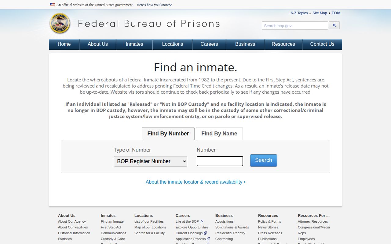 Federal Bureau of Prisons release locator for a Dickinson County federal custody check
