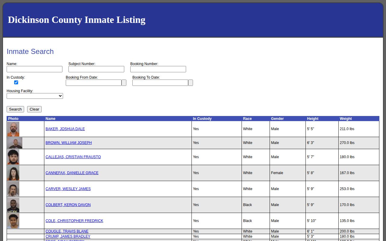 Official Dickinson County released inmate roster search controls