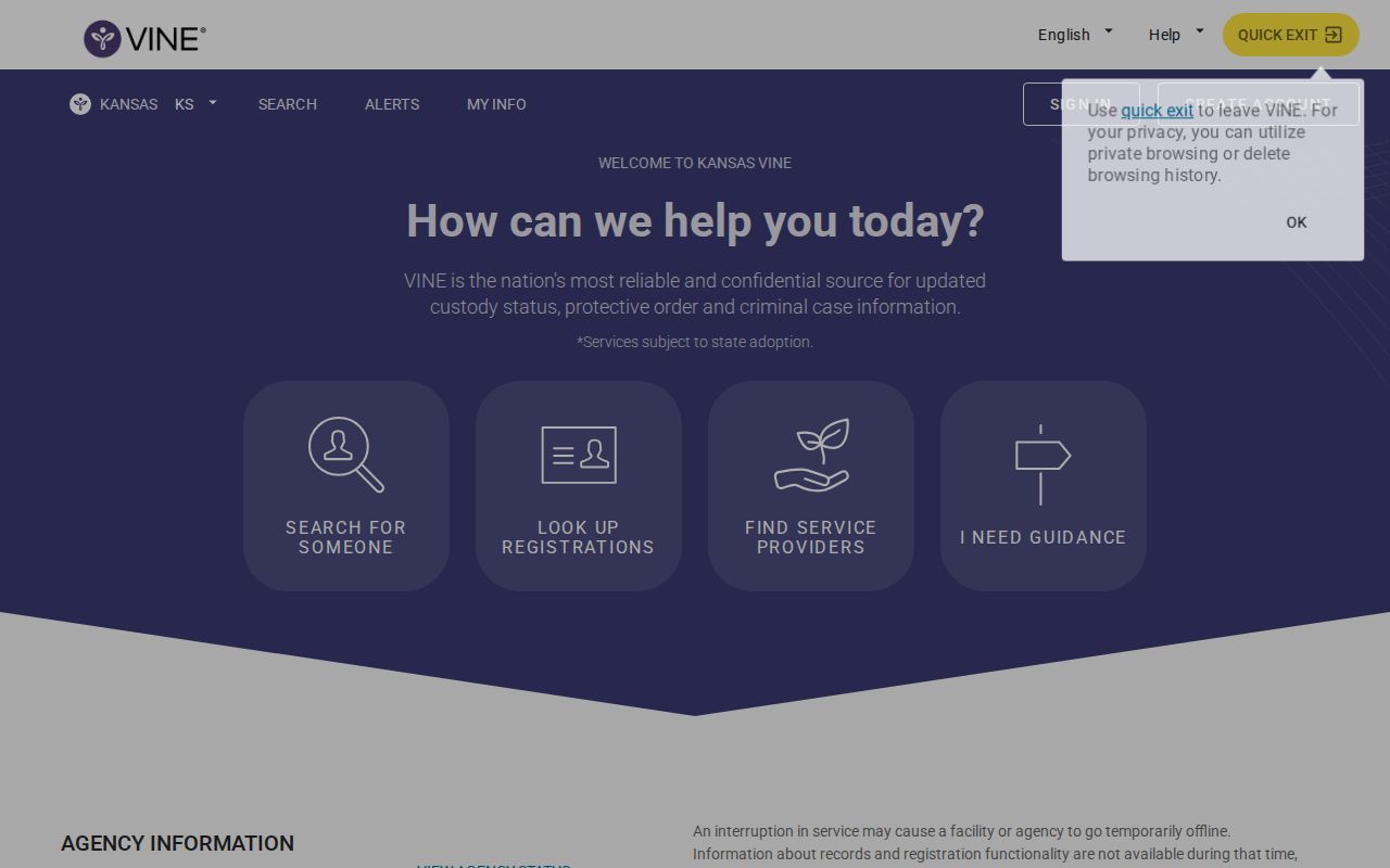 Dickinson County VINELink release check on the Kansas agency selector
