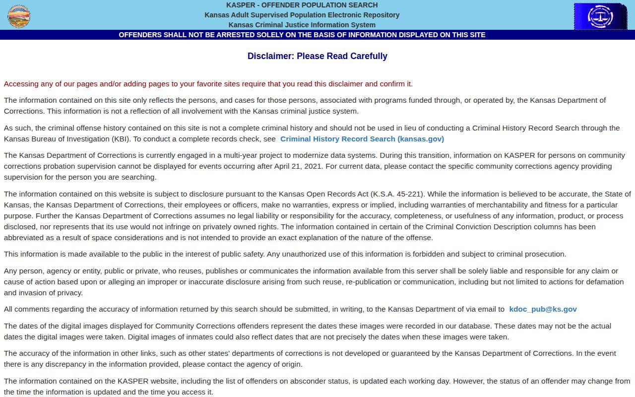 Kansas Department of Corrections KASPER release and discharge search for Dickinson County